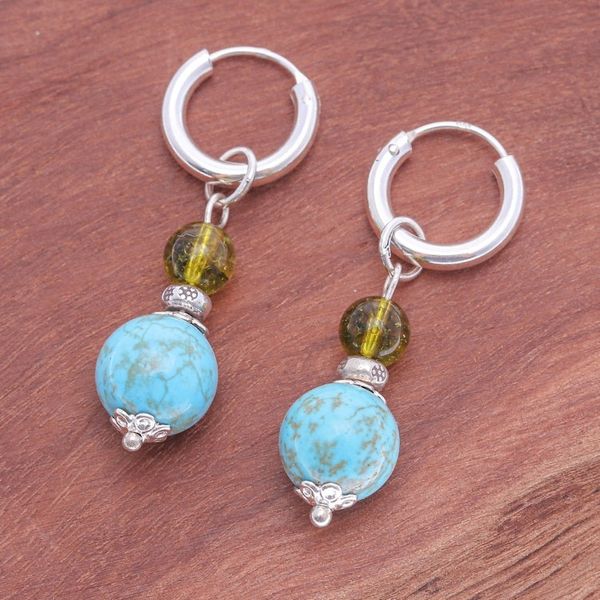 Alternate image for Silver Hoop Earrings with Reconstituted Turquoise Quartz Chic Duo