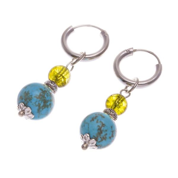 Alternate image for Silver Hoop Earrings with Reconstituted Turquoise Quartz Chic Duo