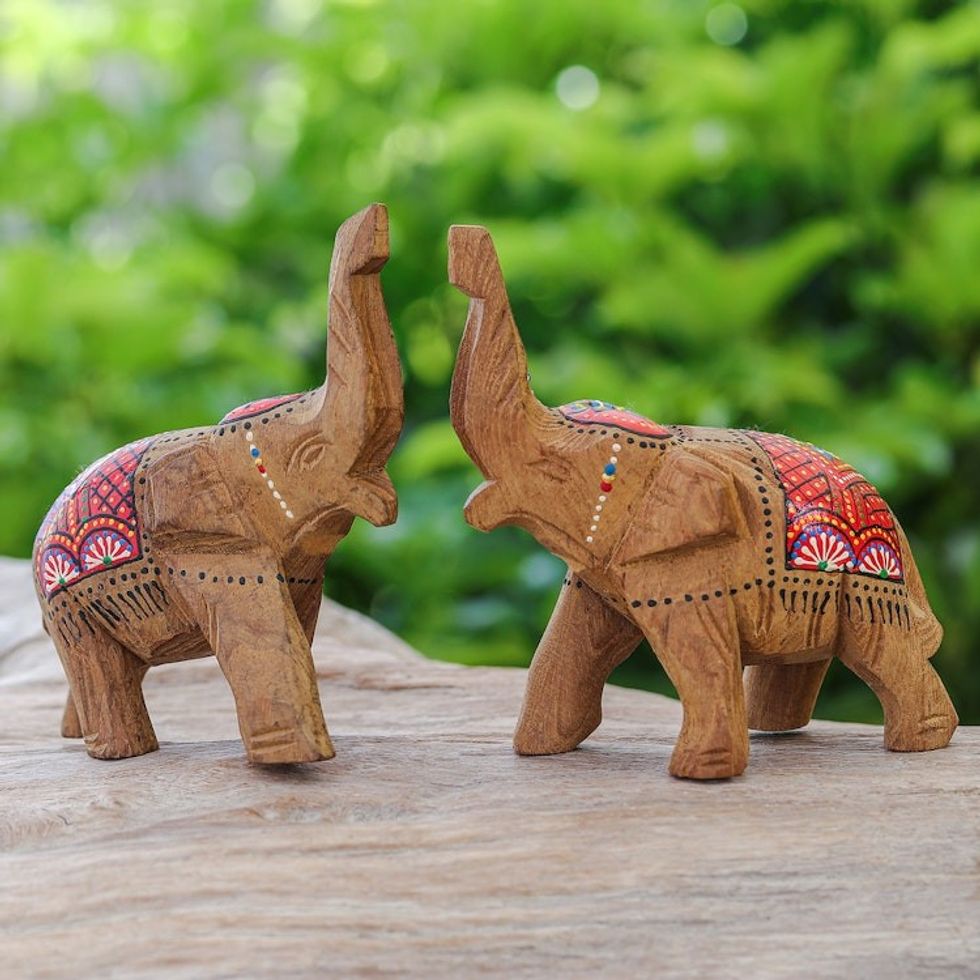 Set of 2 Hand-Carved Wood Elephant Sculptures with Red Tone 'The Vibrant Prosperity'