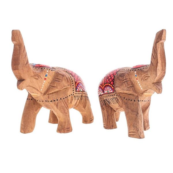 Alternate image for Set of 2 Hand-Carved Wood Elephant Sculptures with Red Tone The Vibrant Prosperity