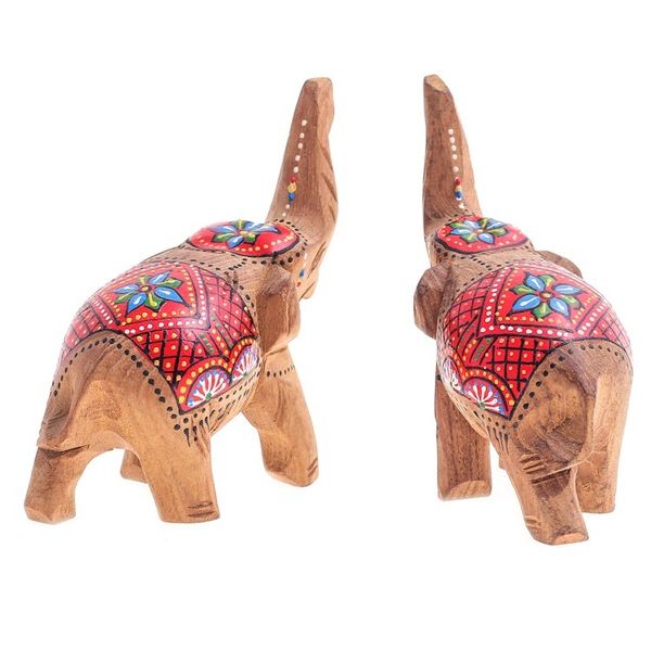 Alternate image for Set of 2 Hand-Carved Wood Elephant Sculptures with Red Tone The Vibrant Prosperity