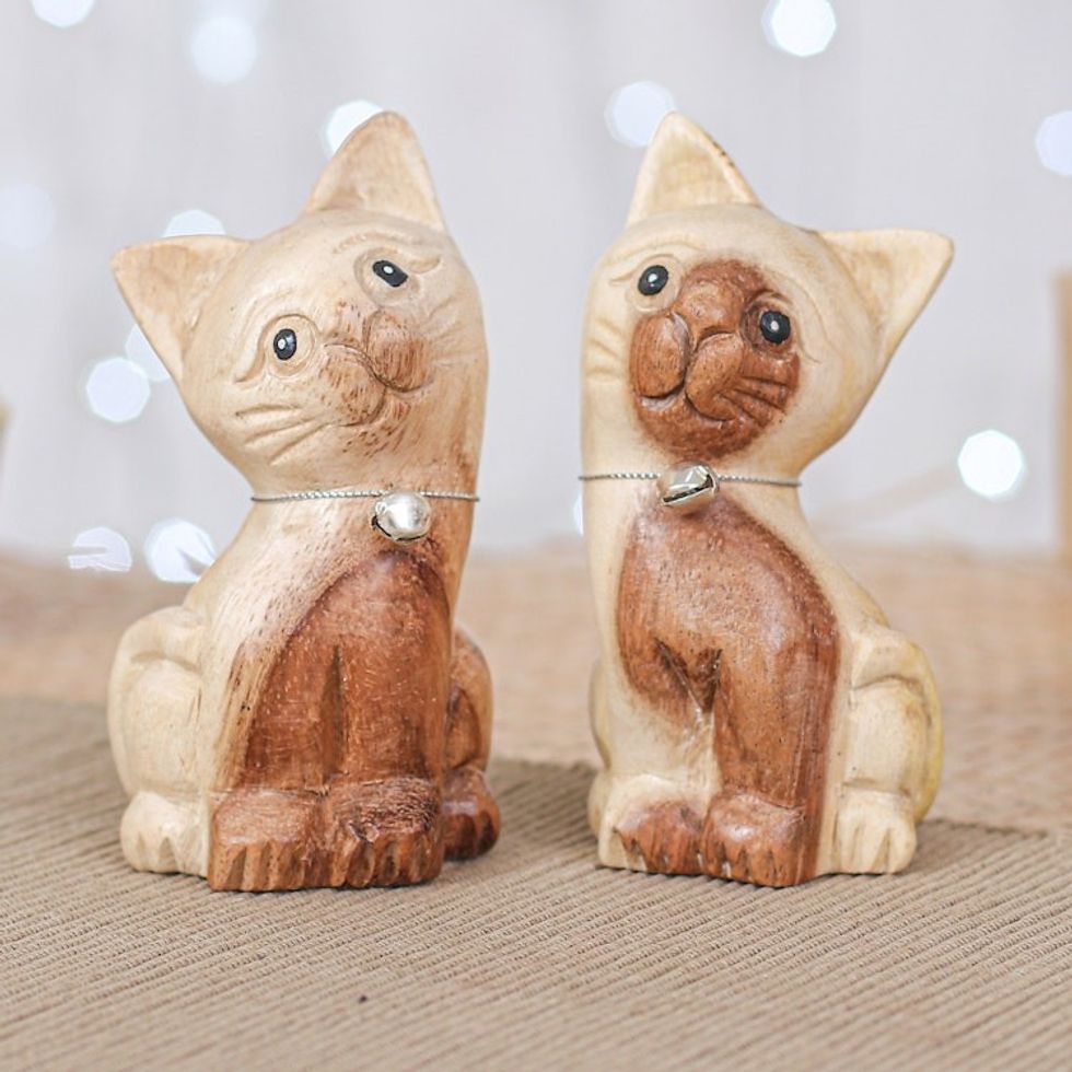 Set of 2 Cat Raintree Wood Figurines with Aluminum Bells 'Chiming Meows'