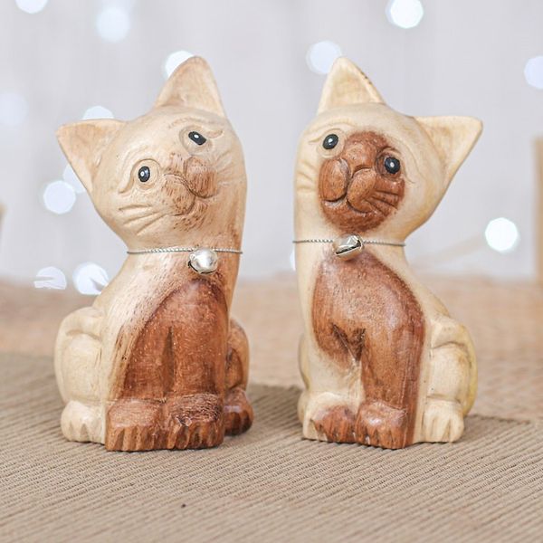 Alternate image for Set of 2 Cat Raintree Wood Figurines with Aluminum Bells Chiming Meows