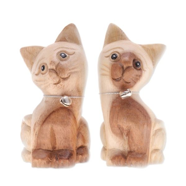 Alternate image for Set of 2 Cat Raintree Wood Figurines with Aluminum Bells Chiming Meows