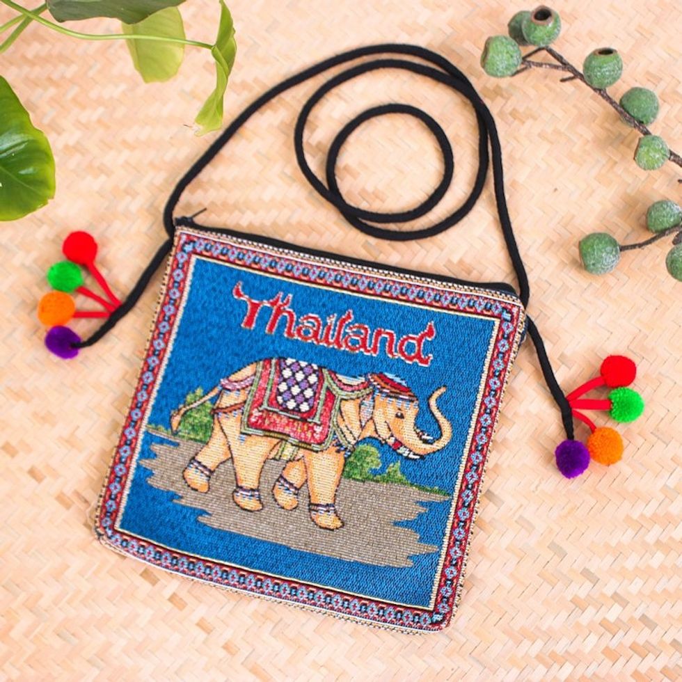 Cotton Blend Elephant-Themed Sling Bag in Blue with Pompoms 'Elephant Allure'