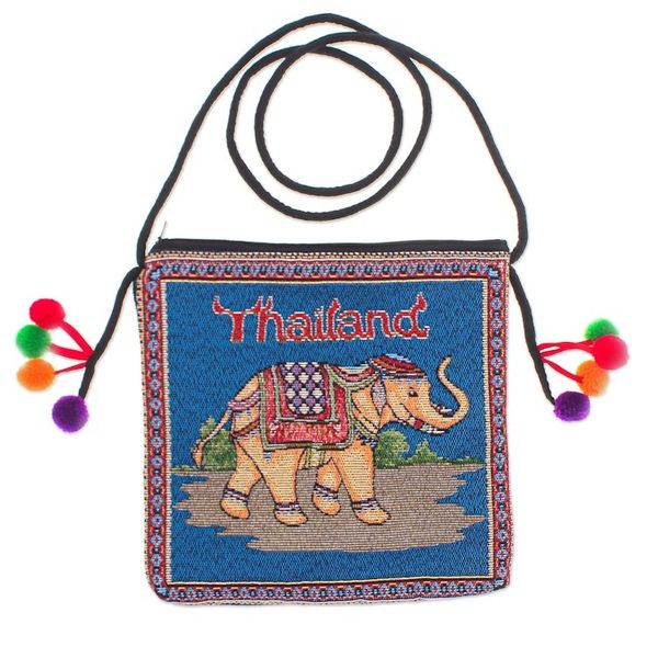 Alternate image for Cotton Blend Elephant-Themed Sling Bag in Blue with Pompoms Elephant Allure