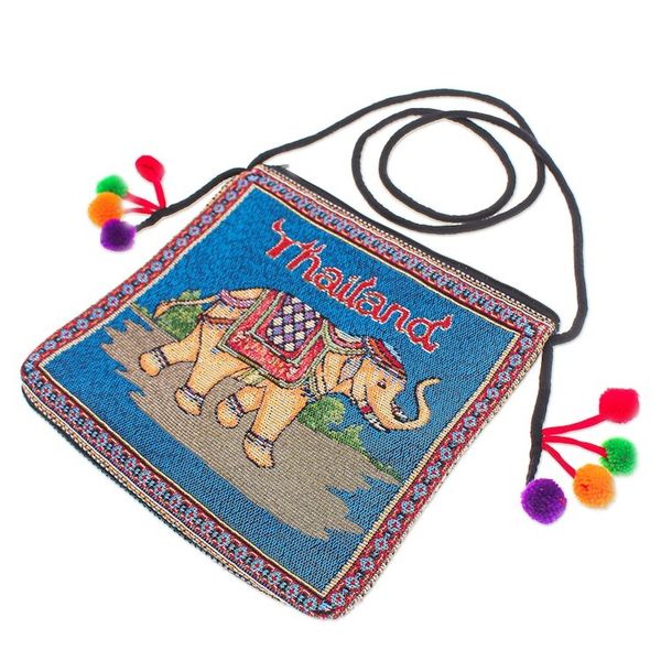 Alternate image for Cotton Blend Elephant-Themed Sling Bag in Blue with Pompoms Elephant Allure