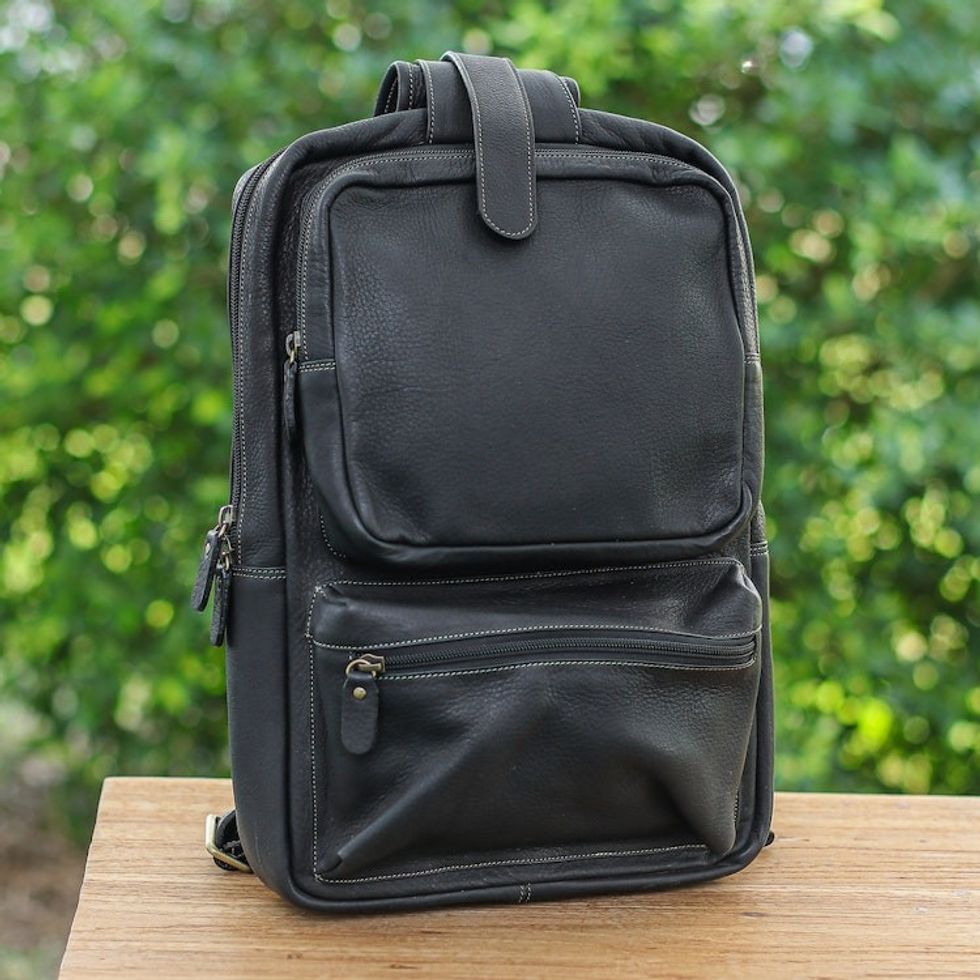 Travel-Friendly Black Leather Cross-Body Backpack 'Journey at Night'