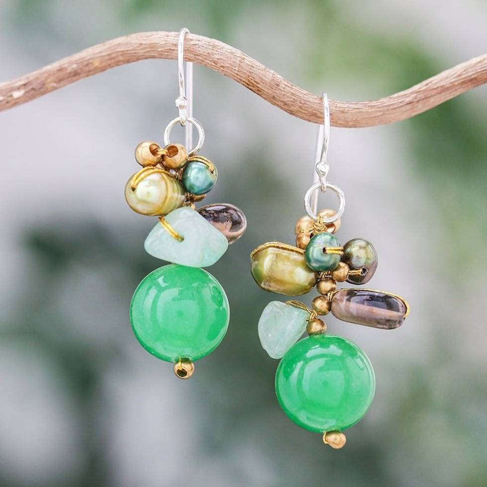 Dangle Earrings with Quartz Cultured Pearl and Smoky Quartz 'Spring Splendor'