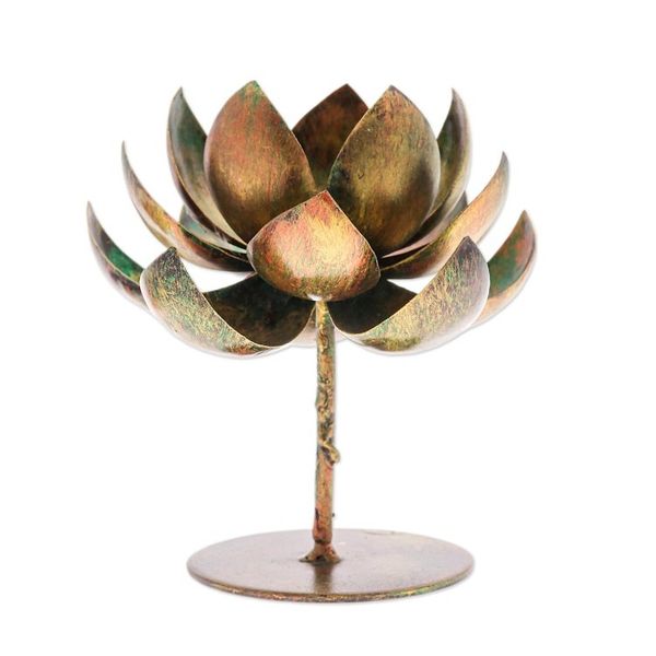 Alternate image for Handmade Lotus-Shaped Antique Golden Steel Tealight Holder Antique Lotus Benison