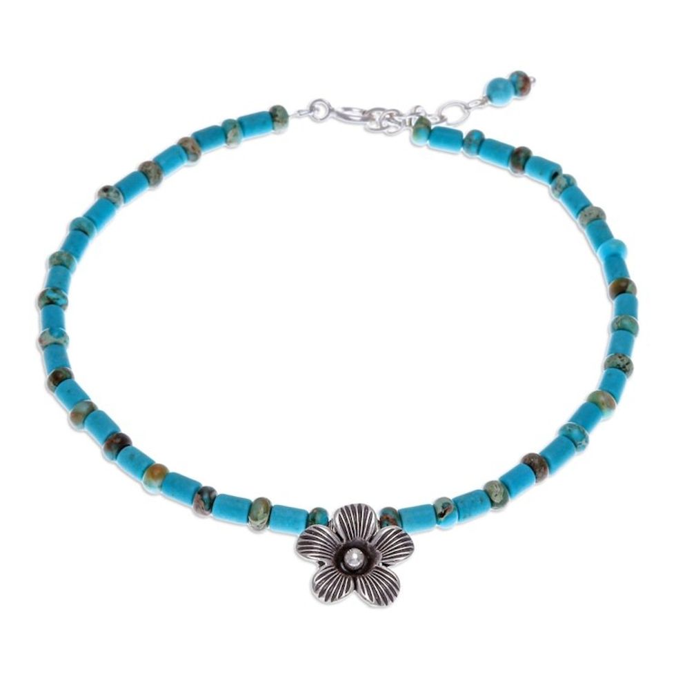 Handmade Jasper Beaded Silver Pendant Anklet from Thailand 'Ankle High'