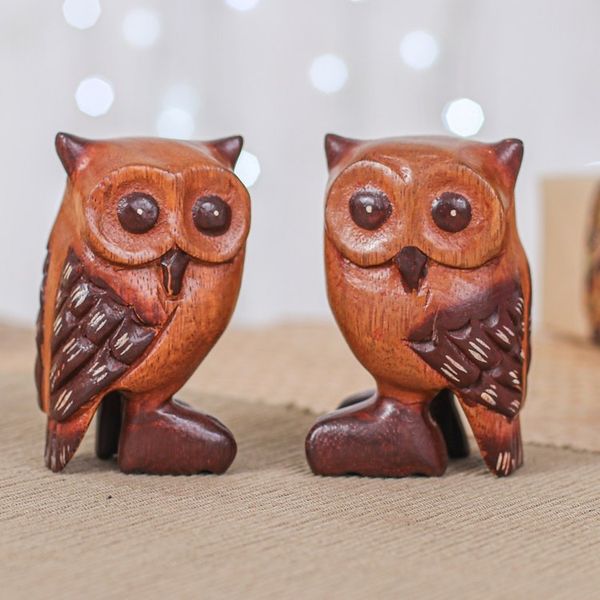 Alternate image for Set of Two Han-Carved Raintree Wood Owl Figurines Twin Wisdom