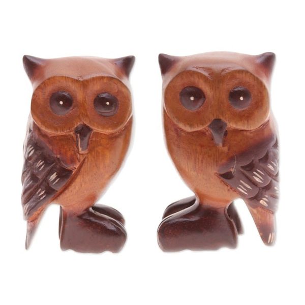 Alternate image for Set of Two Han-Carved Raintree Wood Owl Figurines Twin Wisdom