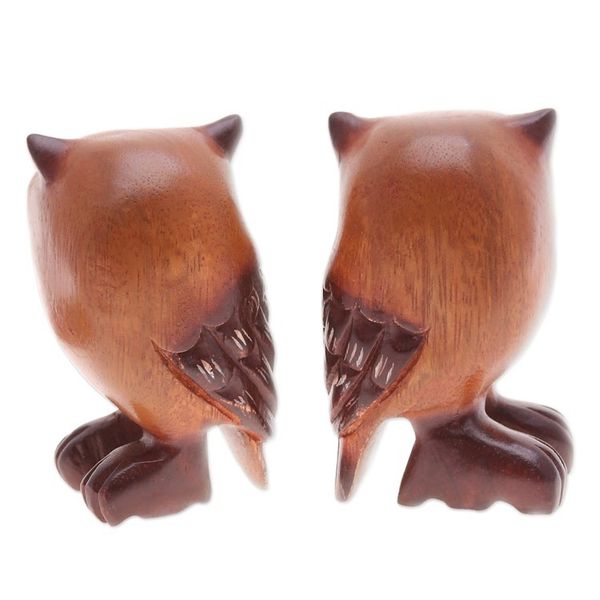 Alternate image for Set of Two Han-Carved Raintree Wood Owl Figurines Twin Wisdom