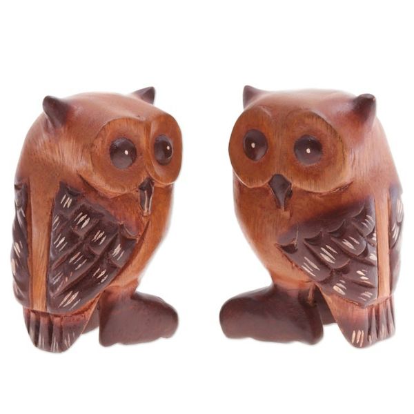 Alternate image for Set of Two Han-Carved Raintree Wood Owl Figurines Twin Wisdom