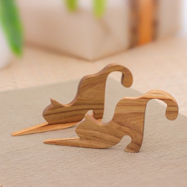 Alternate image for Pair of Handmade Teak Wood Cat Door Stops in a Natural Hue Feline Accent