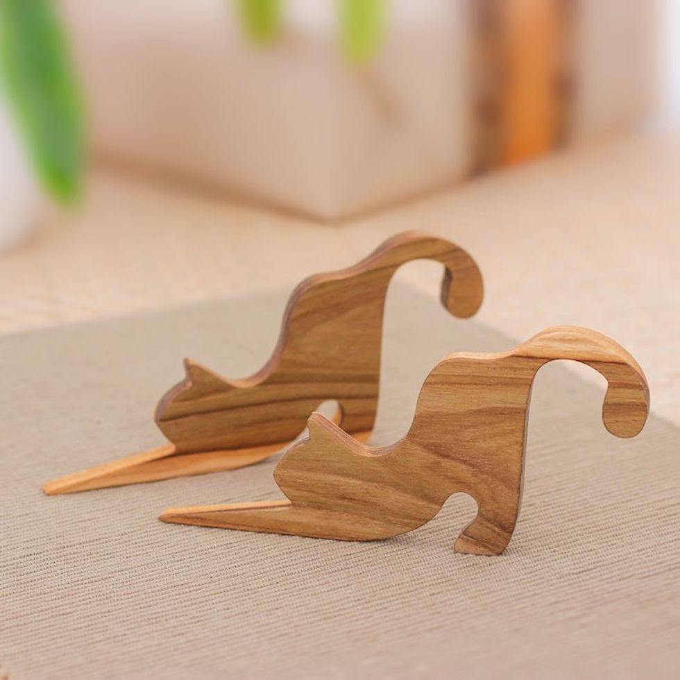 Pair of Handmade Teak Wood Cat Door Stops in a Natural Hue 'Feline Accent'