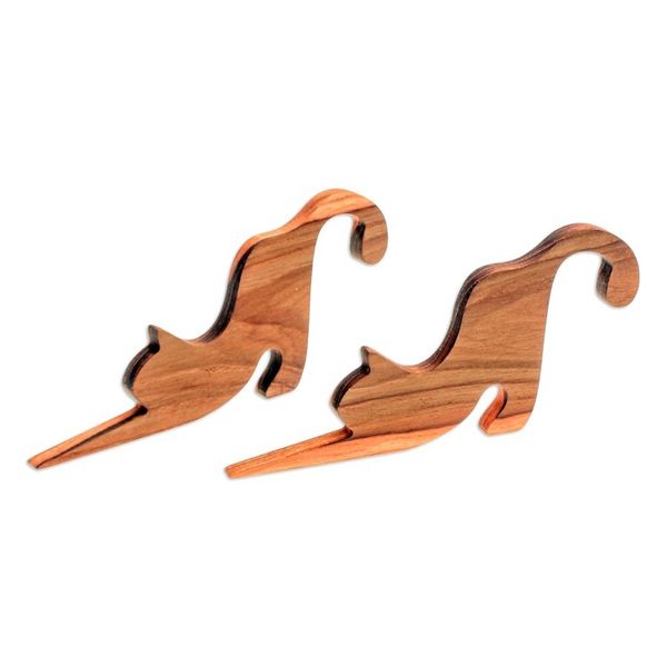 Alternate image for Pair of Handmade Teak Wood Cat Door Stops in a Natural Hue Feline Accent