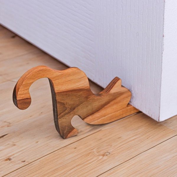 Alternate image for Pair of Handmade Teak Wood Cat Door Stops in a Natural Hue Feline Accent