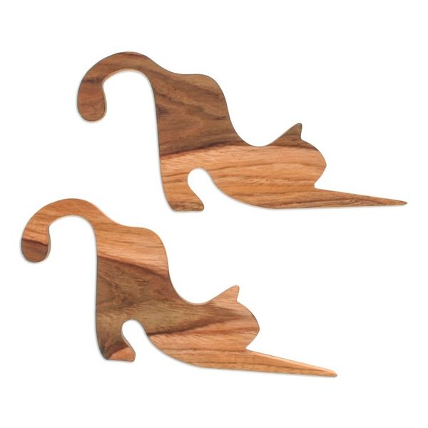 Alternate image for Pair of Handmade Teak Wood Cat Door Stops in a Natural Hue Feline Accent