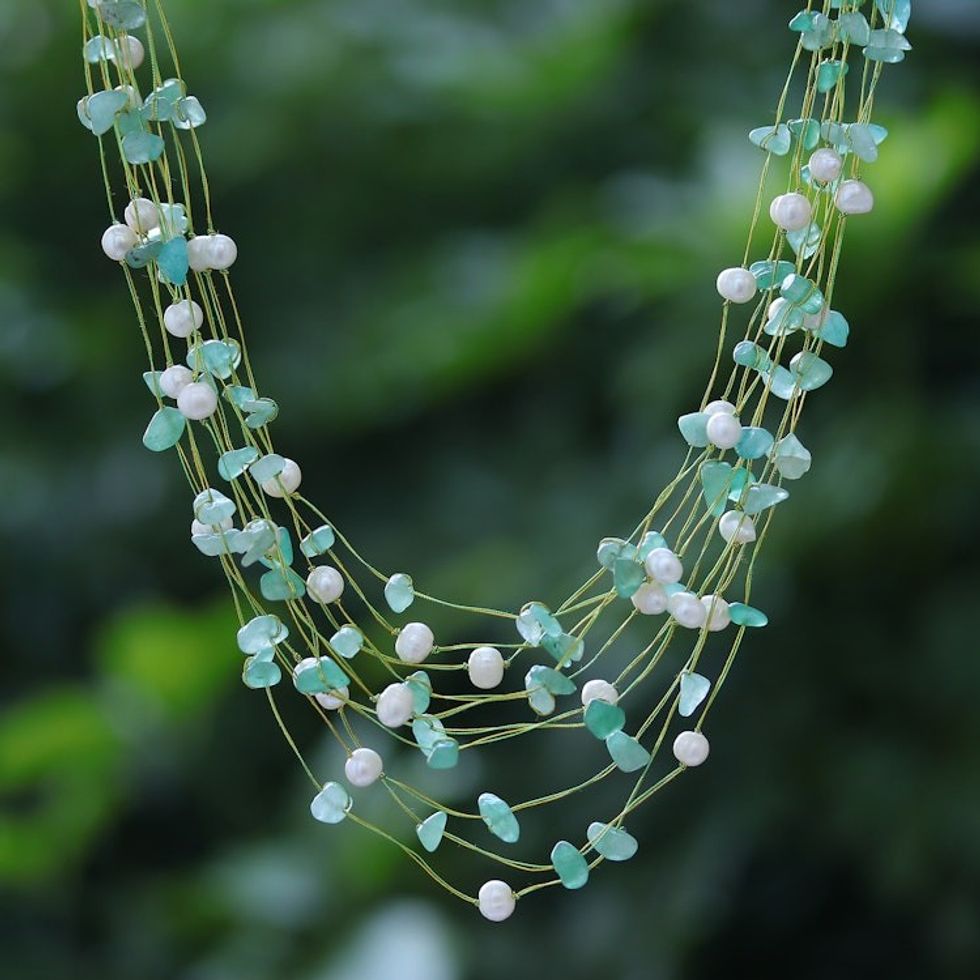 Handmade Aventurine and Cultured Pearl Waterfall Necklace 'Cascade in Mint'