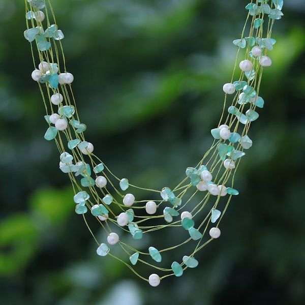 Alternate image for Handmade Aventurine and Cultured Pearl Waterfall Necklace Cascade in Mint