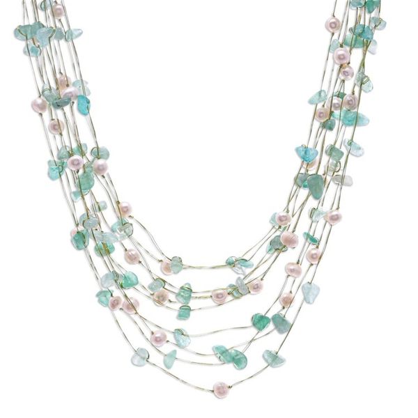 Alternate image for Handmade Aventurine and Cultured Pearl Waterfall Necklace Cascade in Mint