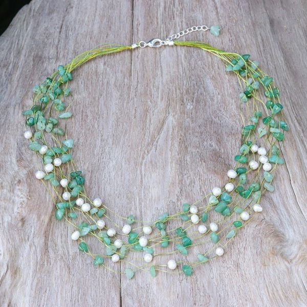 Alternate image for Handmade Aventurine and Cultured Pearl Waterfall Necklace Cascade in Mint