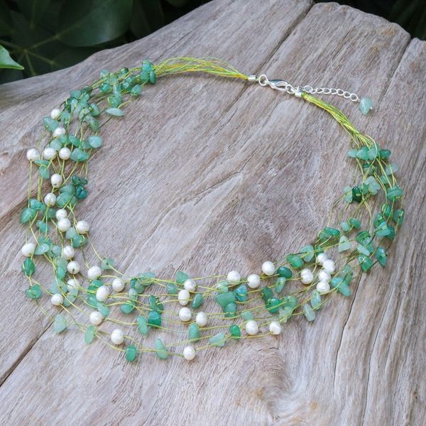 Alternate image for Handmade Aventurine and Cultured Pearl Waterfall Necklace Cascade in Mint