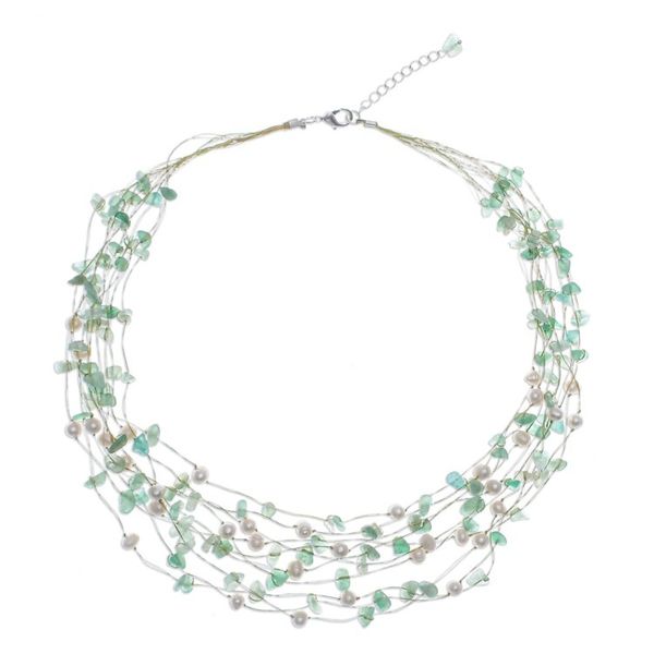 Alternate image for Handmade Aventurine and Cultured Pearl Waterfall Necklace Cascade in Mint