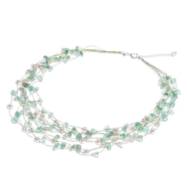 Alternate image for Handmade Aventurine and Cultured Pearl Waterfall Necklace Cascade in Mint