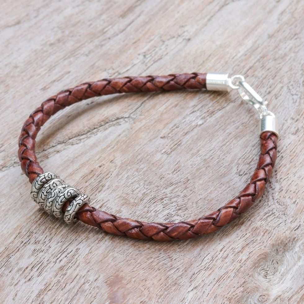 Brown Leather Braided Bracelet with Sterling Silver Pendants 'Ties of the Earth'
