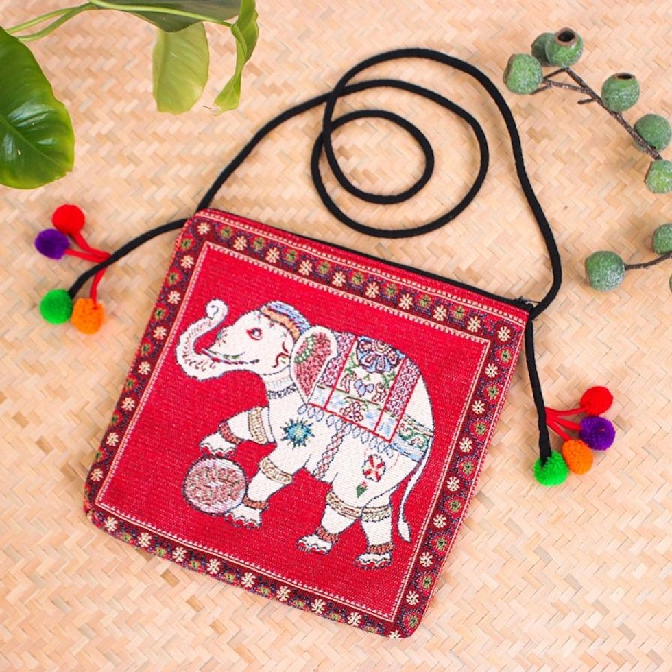 Cotton Blend Elephant-Themed Sling Bag in Red with Pompoms 'Elephant Beauty'