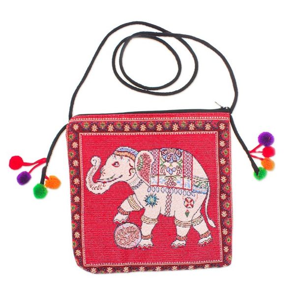 Alternate image for Cotton Blend Elephant-Themed Sling Bag in Red with Pompoms Elephant Beauty