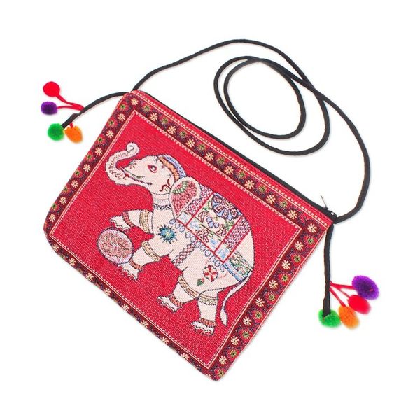 Alternate image for Cotton Blend Elephant-Themed Sling Bag in Red with Pompoms Elephant Beauty