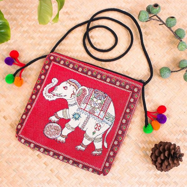 Alternate image for Cotton Blend Elephant-Themed Sling Bag in Red with Pompoms Elephant Beauty