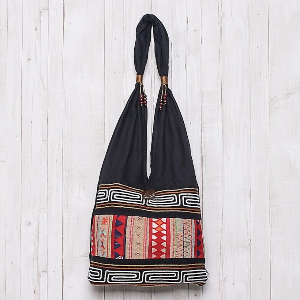 Hill Tribe-Style Cotton Shoulder Bag from Thailand 'Earth Love'