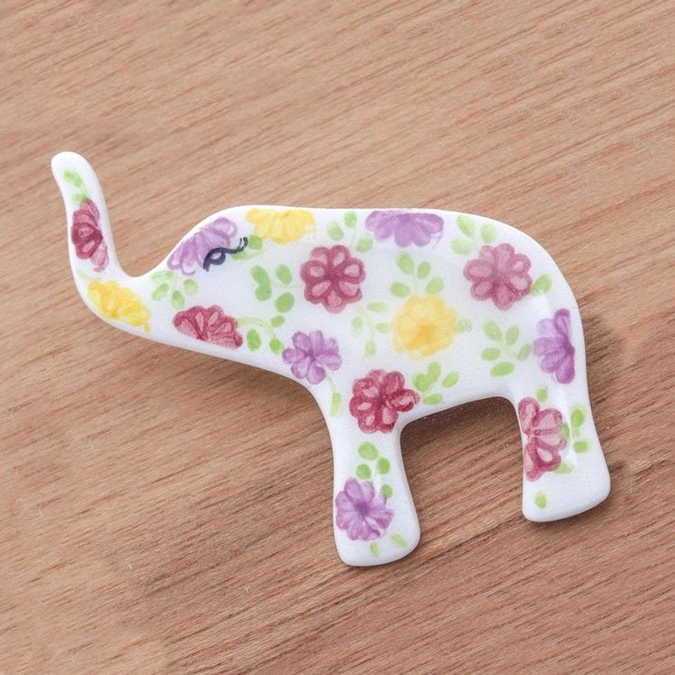 White Elephant Hand Painted Brooch Pin with Flowers 'Pretty Floral Elephant'