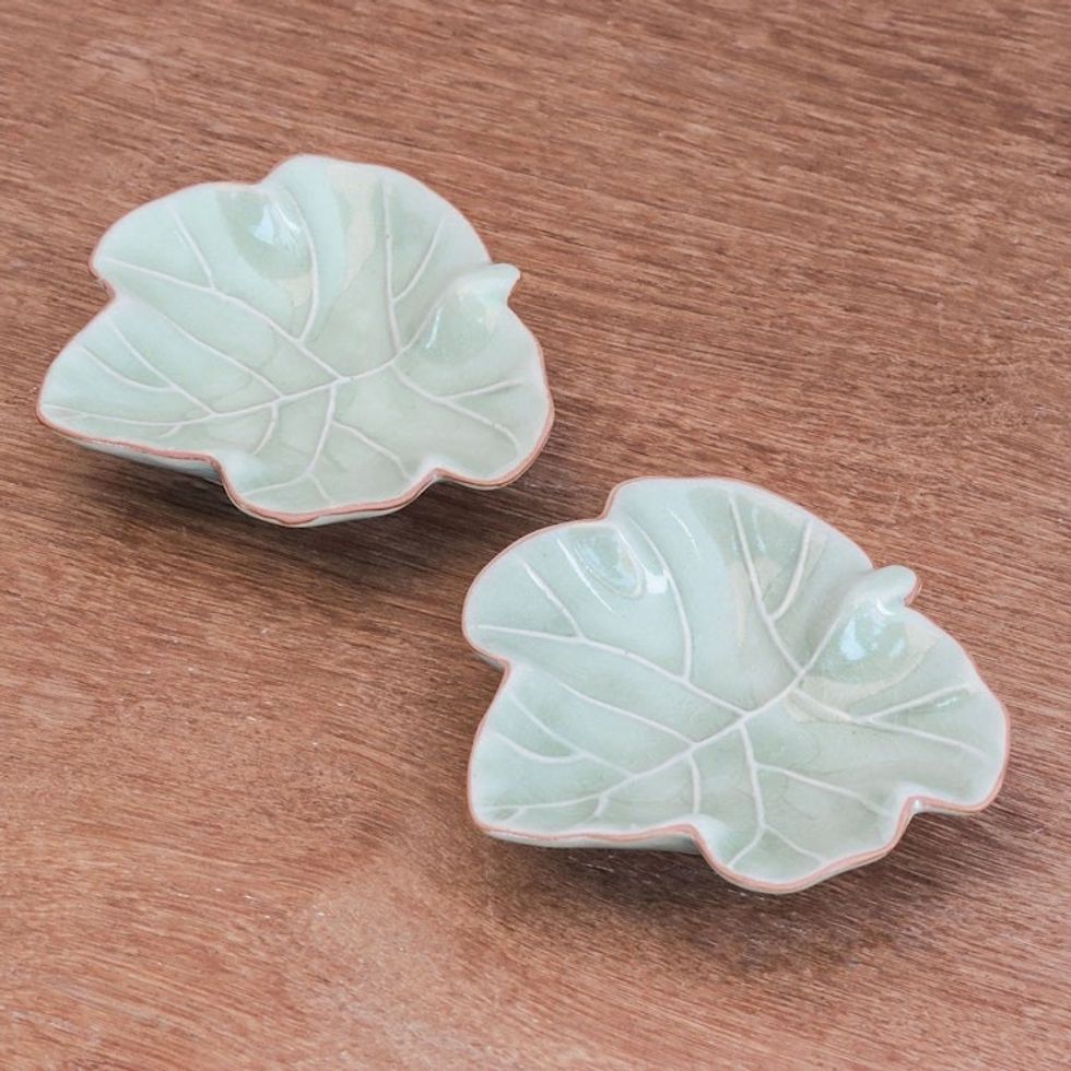 Leafy Celadon Ceramic Appetizer Bowls from Thailand Pair 'Ivy Gourd'