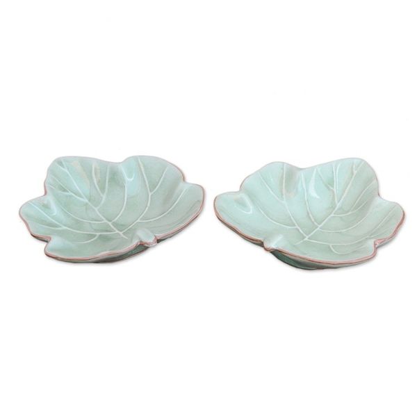 Alternate image for Leafy Celadon Ceramic Appetizer Bowls from Thailand Pair Ivy Gourd
