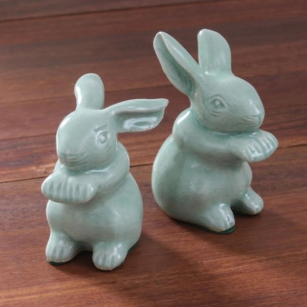 Alternate image for Celadon Ceramic Rabbit Figurines from Thailand Pair Green Rabbits