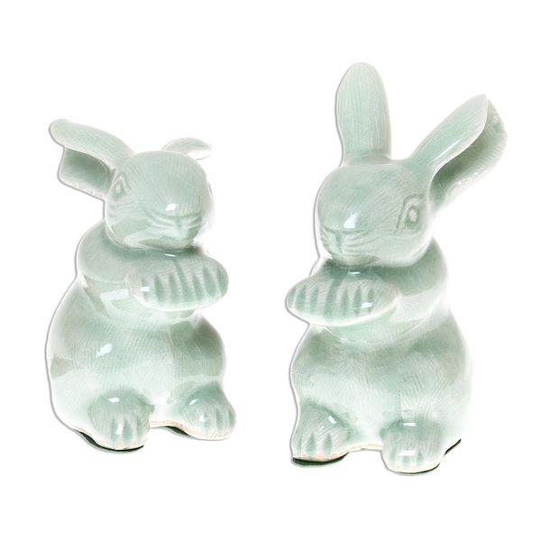 Alternate image for Celadon Ceramic Rabbit Figurines from Thailand Pair Green Rabbits