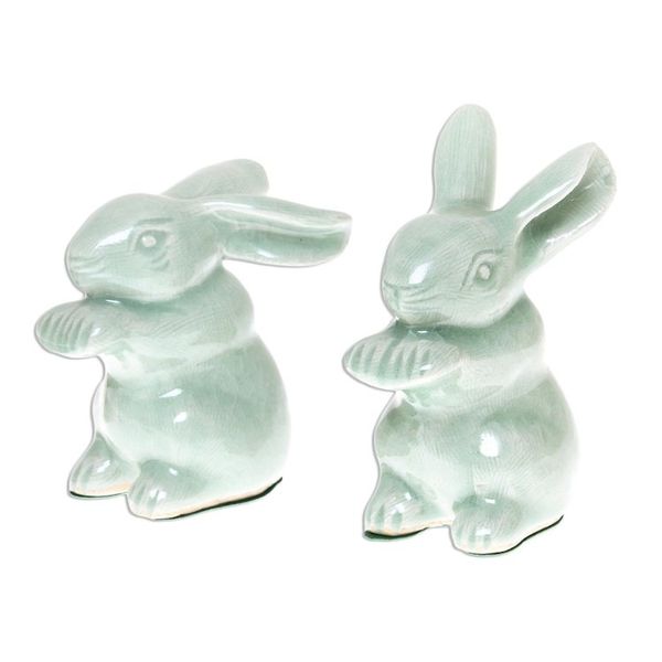 Alternate image for Celadon Ceramic Rabbit Figurines from Thailand Pair Green Rabbits