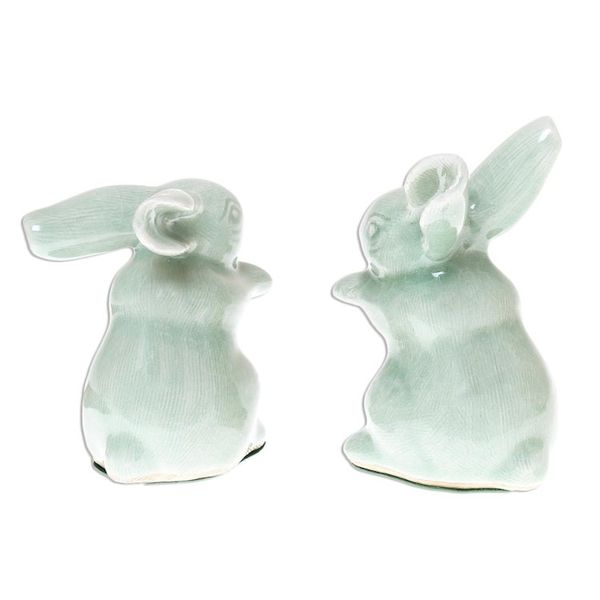 Alternate image for Celadon Ceramic Rabbit Figurines from Thailand Pair Green Rabbits