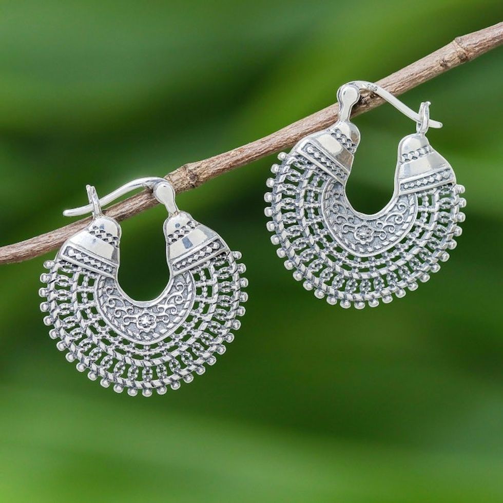 Patterned Sterling Silver Hoop Earrings from Thailand 'Thai Classic'