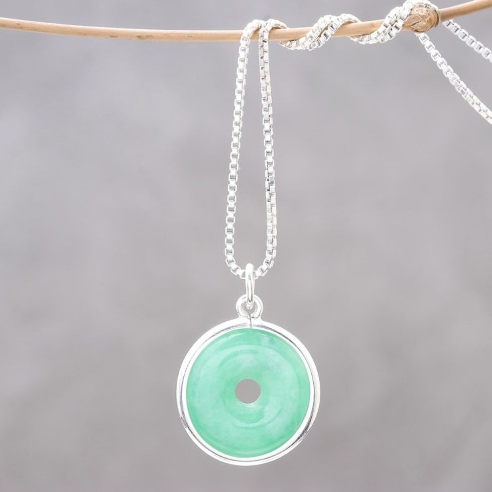 Circular Jade Pendant Necklace Crafted in Thailand 'Green Hoop'