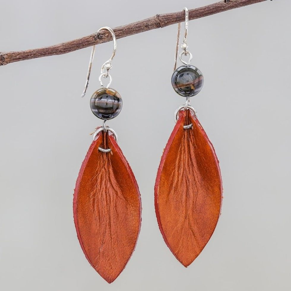 Leather Petal Earrings with Tiger's Eye Beads 'Supple Petals in Rust'