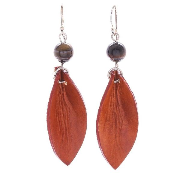 Alternate image for Leather Petal Earrings with Tigers Eye Beads Supple Petals in Rust