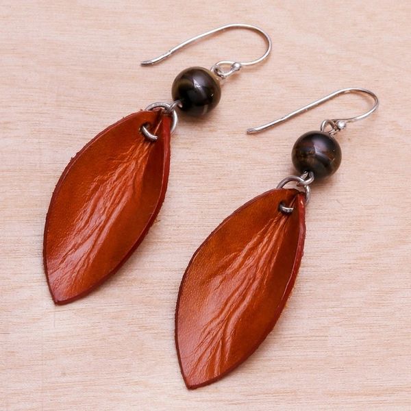 Alternate image for Leather Petal Earrings with Tigers Eye Beads Supple Petals in Rust