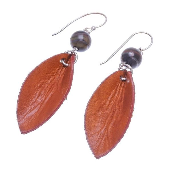 Alternate image for Leather Petal Earrings with Tigers Eye Beads Supple Petals in Rust
